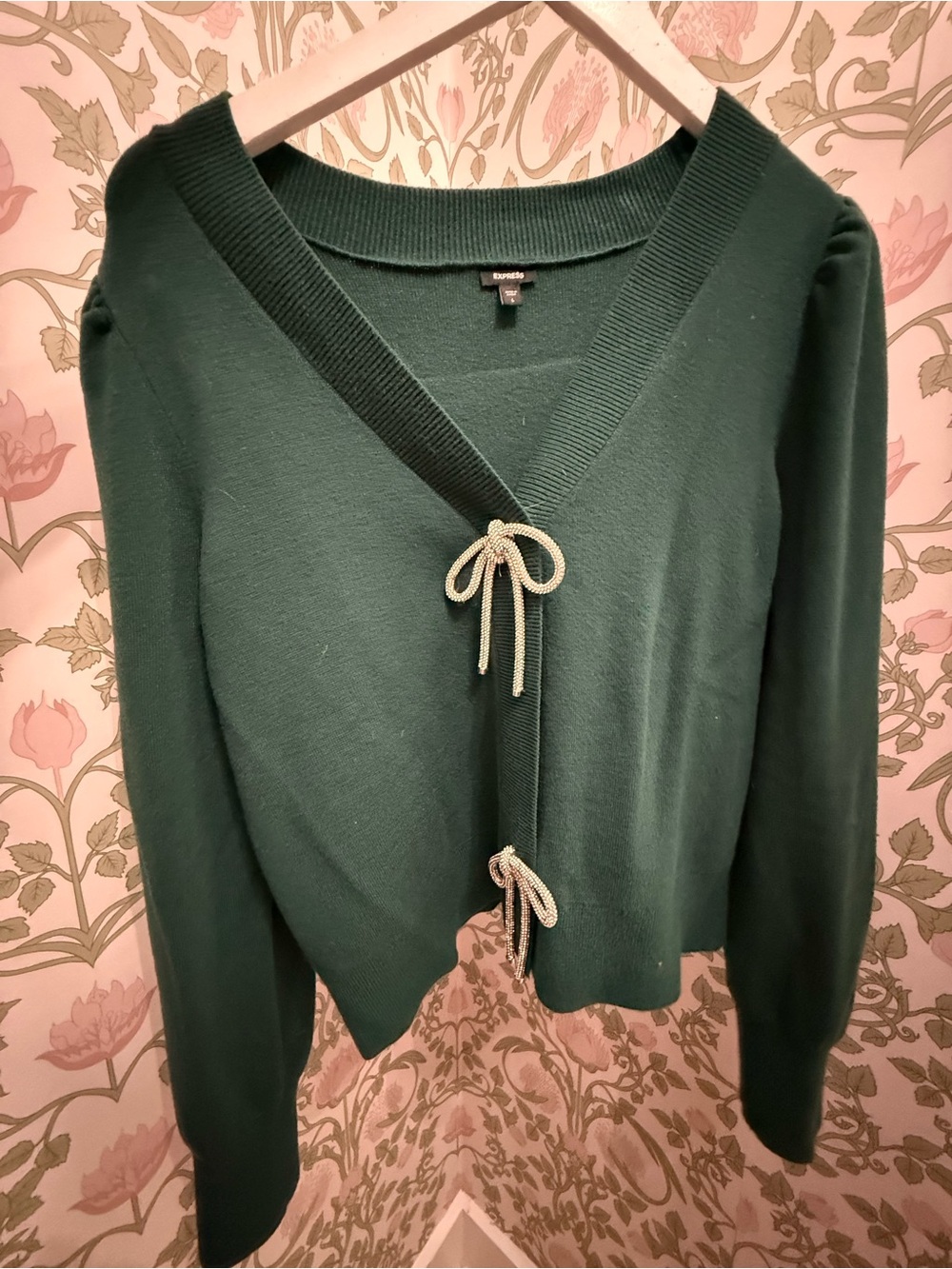 Express Deep Green V-Neck Tie-Front Cardigan - L